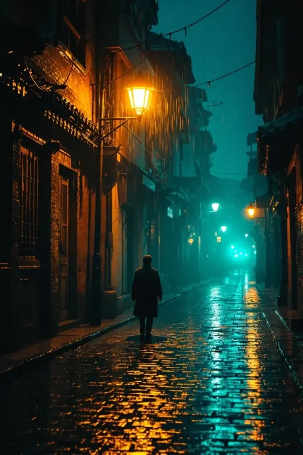 暗涌之城短剧封面：雨夜霓虹街道与背影